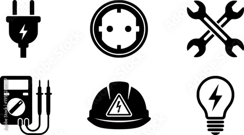 Electrician tool icons set with lightning symbols, plug, socket, wrenches, screwdrivers, multimeters, hard hat and light bulb for electrical work
