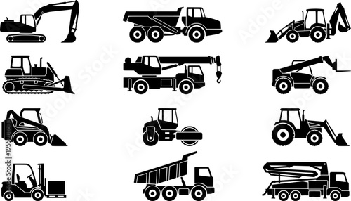 Silhouette construction machinery icons set with excavators, cranes, dump trucks, forklifts, tractors, loaders and industrial vehicles for building, engineering and heavy equipment design