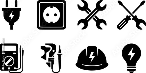 Electrician tool icons set with lightning symbols, plug, socket, wrenches, screwdrivers, multimeters, hard hat and light bulb for electrical work
