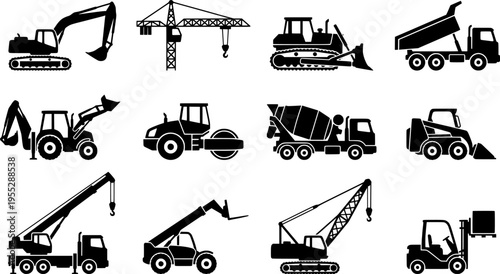 Silhouette construction machinery icons set with excavators, cranes, dump trucks, forklifts, tractors, loaders and industrial vehicles for building, engineering and heavy equipment design