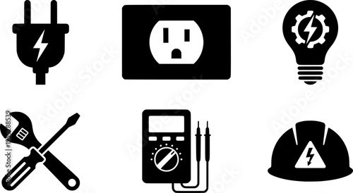 Electrician tool icons set with lightning symbols, plug, socket, wrenches, screwdrivers, multimeters, hard hat and light bulb for electrical work
