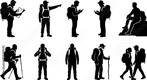 A diverse collection of hiker and traveler silhouettes, equipped with backpacks and maps, exploring and navigating their journey.
