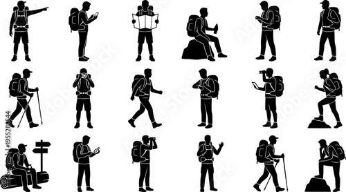 A diverse collection of hiker and traveler silhouettes, equipped with backpacks and maps, exploring and navigating their journey.
