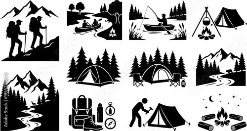 Camping adventure silhouette set, hiking, fishing, canoeing, campfire cooking, wilderness exploration, outdoor travel, tent setup, nature activities, forest journey