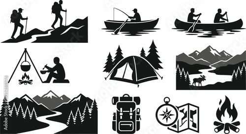 Camping adventure silhouette set, hiking, fishing, canoeing, campfire cooking, wilderness exploration, outdoor travel, tent setup, nature activities, forest journey