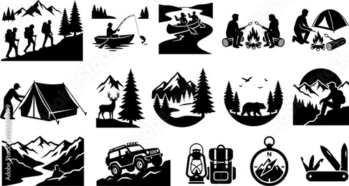 Camping adventure silhouette set, hiking, fishing, canoeing, campfire cooking, wilderness exploration, outdoor travel, tent setup, nature activities, forest journey