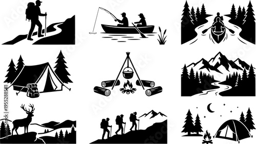 Camping adventure silhouette set, hiking, fishing, canoeing, campfire cooking, wilderness exploration, outdoor travel, tent setup, nature activities, forest journey
