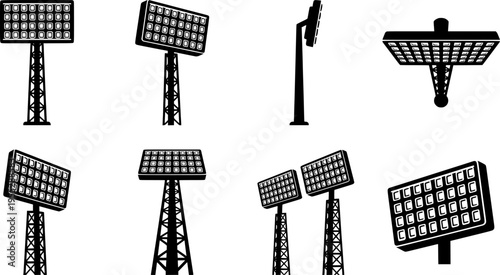 Stadium light pole silhouette set, floodlight vector illustration, sports field illumination design, outdoor arena lighting system, electricity infrastructure drawing, engineering lamp collection