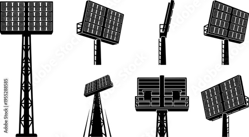 Stadium light pole silhouette set, floodlight vector illustration, sports field illumination design, outdoor arena lighting system, electricity infrastructure drawing, engineering lamp collection