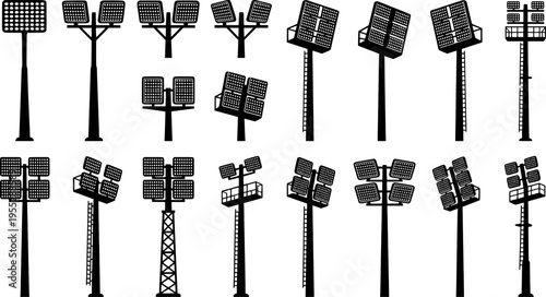 Stadium light pole silhouette set, floodlight vector illustration, sports field illumination design, outdoor arena lighting system, electricity infrastructure drawing, engineering lamp collection