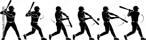 Baseball player silhouettes in batting sequence, from stance to follow‑through, sports motion study vector set for athlete posture and design use
