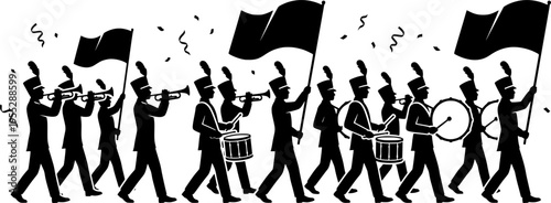 Marching band silhouettes, musicians with instruments, parade performers, flag bearers, drummers, trumpet players, marching formation, band performance illustration