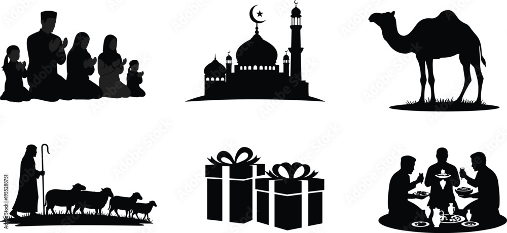 Fototapeta premium Islamic culture icons, Eid celebration, mosque silhouette, family prayer, camel sacrifice, sheep farming, gift giving, communal meal, religious tradition, festival illustration