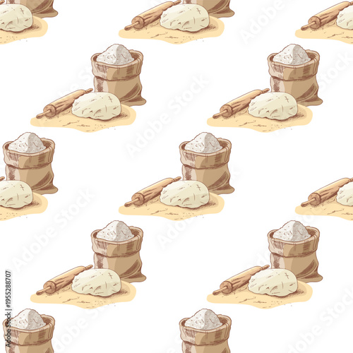 Hand drawn vintage seamless pattern of flour sack dough and rolling pin baking process repeat texture