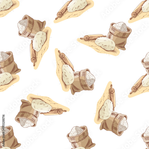 Hand drawn vintage seamless pattern of flour sack dough and rolling pin baking process repeat texture