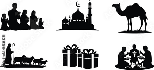 Islamic culture icons, Eid celebration, mosque silhouette, family prayer, camel sacrifice, sheep farming, gift giving, communal meal, religious tradition, festival illustration