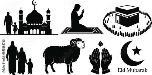 Islamic icons, Eid Mubarak, mosque silhouette, family prayer, pilgrimage Hajj, Kaaba worship, ram sacrifice, prayer hands, crescent moon, religious festival illustration