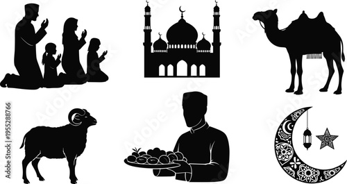 Islamic icons, Eid celebration, Ramadan lantern, mosque silhouette, family prayer, camel tradition, ram sacrifice, food hospitality, crescent moon, cultural festival illustration