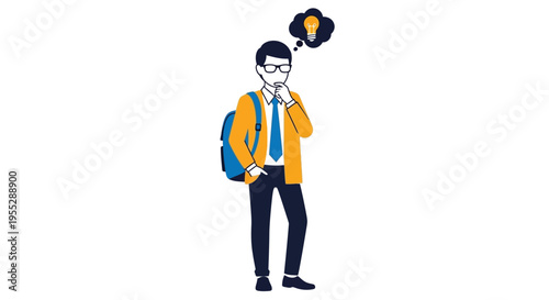 A student contemplates an idea visualized as a lightbulb above their head