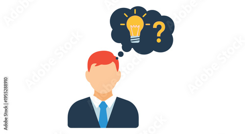 A man contemplates an idea represented by a lightbulb and question mark