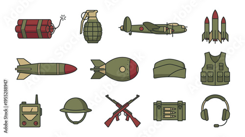 Collection of various military and technology icons in green color on white background