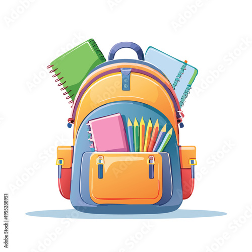 Colorful school backpack with notebooks and pencils isolated on white