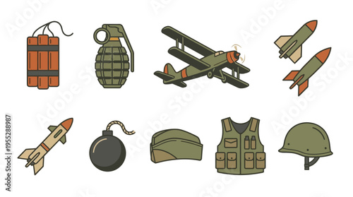 Collection of various military and technology icons in green color on white background