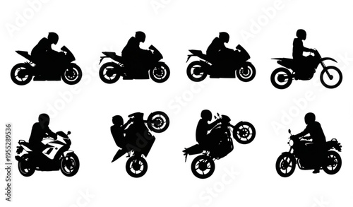 Motorcycle Rider Silhouette Set with Dynamic Riding Poses Vector