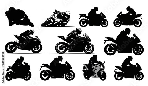 Motorcycle Rider Silhouette Set with Dynamic Riding Poses Vector