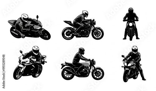 Motorcycle Rider Silhouette Set with Dynamic Riding Poses Vector