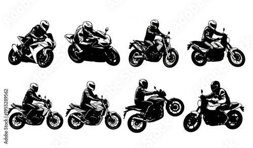 Motorcycle Rider Silhouette Set with Dynamic Riding Poses Vector