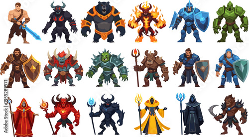 fantasy, characters, warriors, monsters, knights, demons, mages, creatures, game, rpg, medieval, battle, armor, magic, hero, villain, illustration, cartoon, set, vector