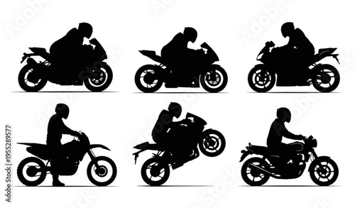 Motorcycle Rider Silhouette Set with Dynamic Riding Poses Vector