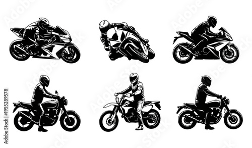 Motorcycle Rider Silhouette Set with Dynamic Riding Poses Vector
