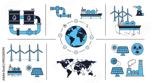 Global Energy Industry Concept with Oil Barrels, Wind Turbines, Solar Panels, Nuclear Power, and World Map Vector Illustration Set