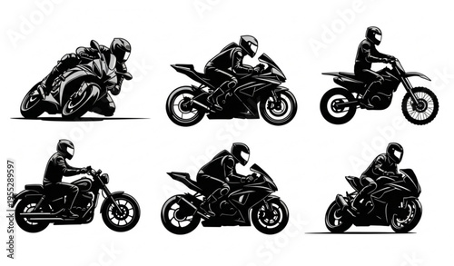 Motorcycle Rider Silhouette Set with Dynamic Riding Poses Vector