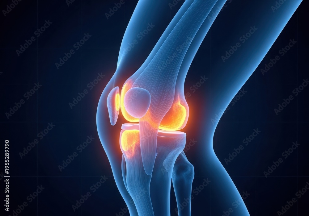 Naklejka premium Anatomical illustration of a knee joint highlighting areas of inflammation. isolated on white background