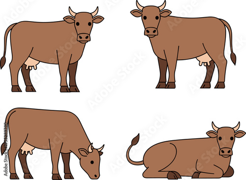 Farm cow illustrations set, domestic cattle animals collection, dairy cow poses cartoon vector for agriculture farming livestock design