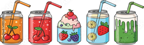 Cute Fruit Beverage and Ice Cream Collection with Soda Cans, Smoothies, and Dessert Drinks in Kawaii Cartoon Style Vector Illustration for Packaging and Menu Design
