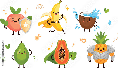Cute Fruit Superhero Cartoon Character Vector Set Featuring Apple, Banana, Coconut, Pineapple, Papaya and Avocado Healthy Food Mascots