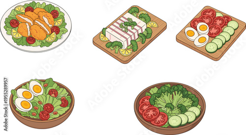Healthy salad and vegetable dishes collection vector illustration, fresh food plates set, nutritious meal ingredients design