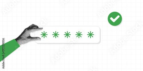 Trendy strong password creation concept with human hand hold secure login field and protection check mark in retro halftone collage style. Contemporary digital security vector illustration art