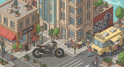 Urban street scene with a vintage motorcycle parked on a sidewalk outside a cafe with outdoor seating and a food truck nearby