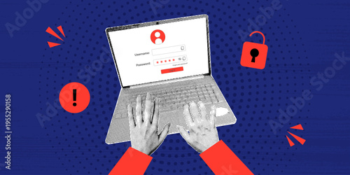 Trendy cyber security threat concept with human hands typing on laptop and password error alert in retro halftone collage style. Contemporary hacking risk vector illustration