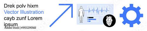 Healthcare, technology, anatomy, cardiovascular health, progress, diagnostics. Human figure, heart diagram upward arrow and a gear icon. Healthcare and technology visualization