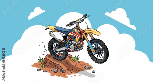 Illustration of a yellow dirt bike performing a jump on a rocky terrain against a backdrop of clouds and a bright sun