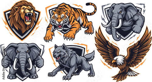 Powerful Wild Animal Mascot Logos Set Featuring Lion, Tiger, Elephant, Wolf, and Eagle Emblems