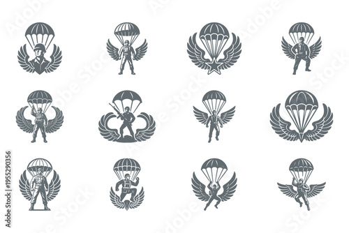 parachute icons with wings, skydiving logos, winged parachuters