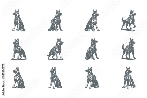 set of german shepherd dog illustrations in different poses