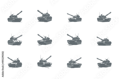 set of military tanks in various positions on white background